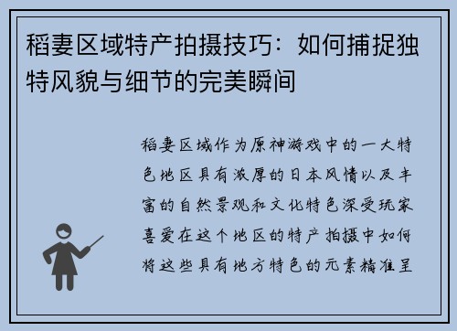 稻妻区域特产拍摄技巧：如何捕捉独特风貌与细节的完美瞬间